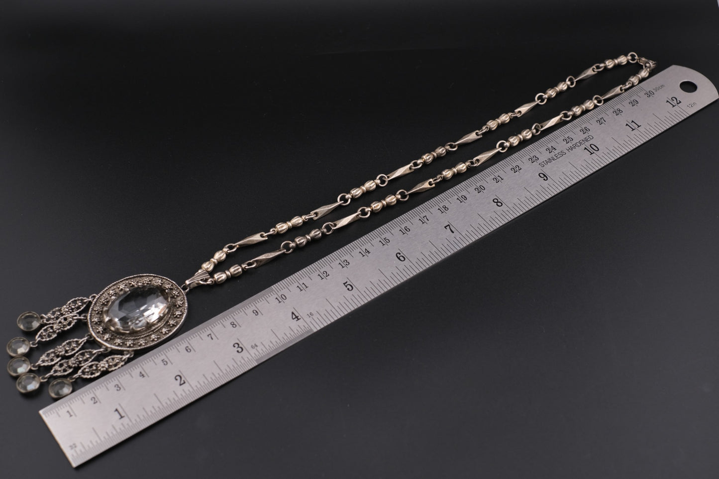 ✧ Vintage Signed Goldette Necklace – Victorian Revival Crystal Pendant ✧