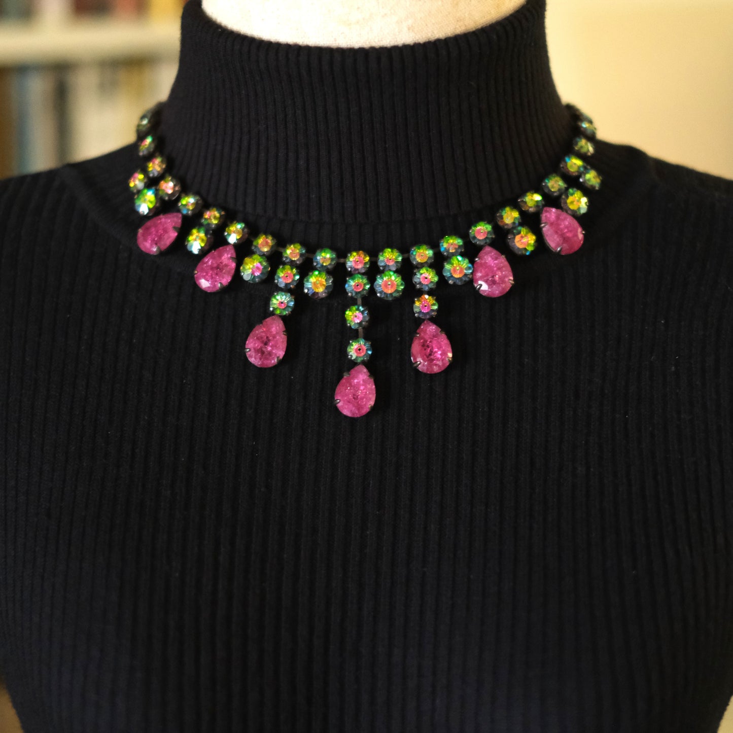 Vintage Statement Necklace with Pink Teardrop Stones & Aurora Borealis Rhinestones