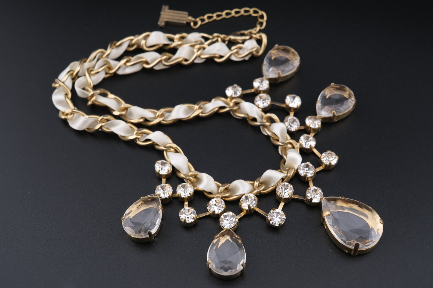 Vintage Lanvin Statement Necklace with Satin-Woven Chain and Crystal Drops