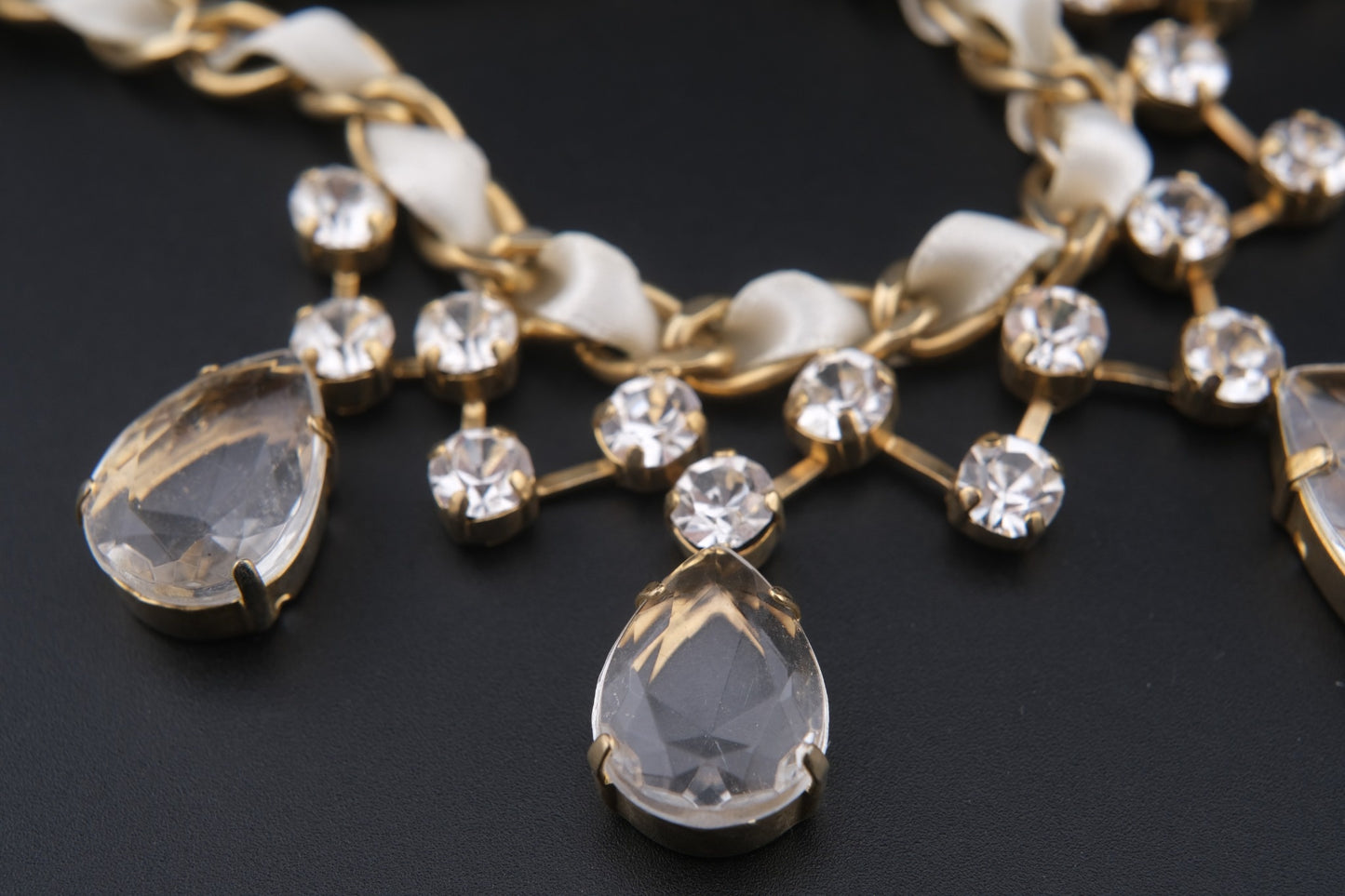 Vintage Lanvin Statement Necklace with Satin-Woven Chain and Crystal Drops