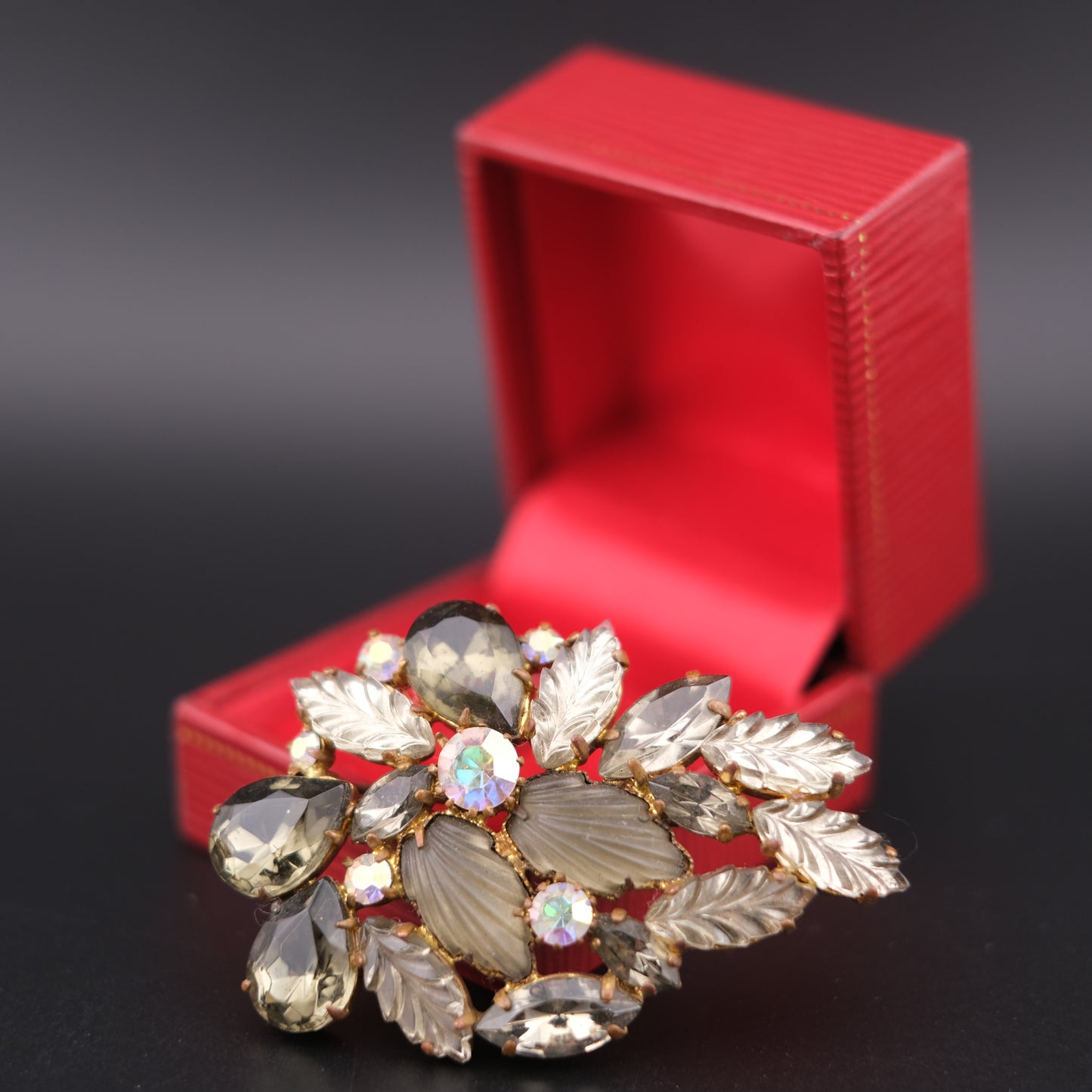 Vintage “Made in West Germany” Leaf & Rhinestone Brooch – Smoky Gray & Aurora Borealis Crystals