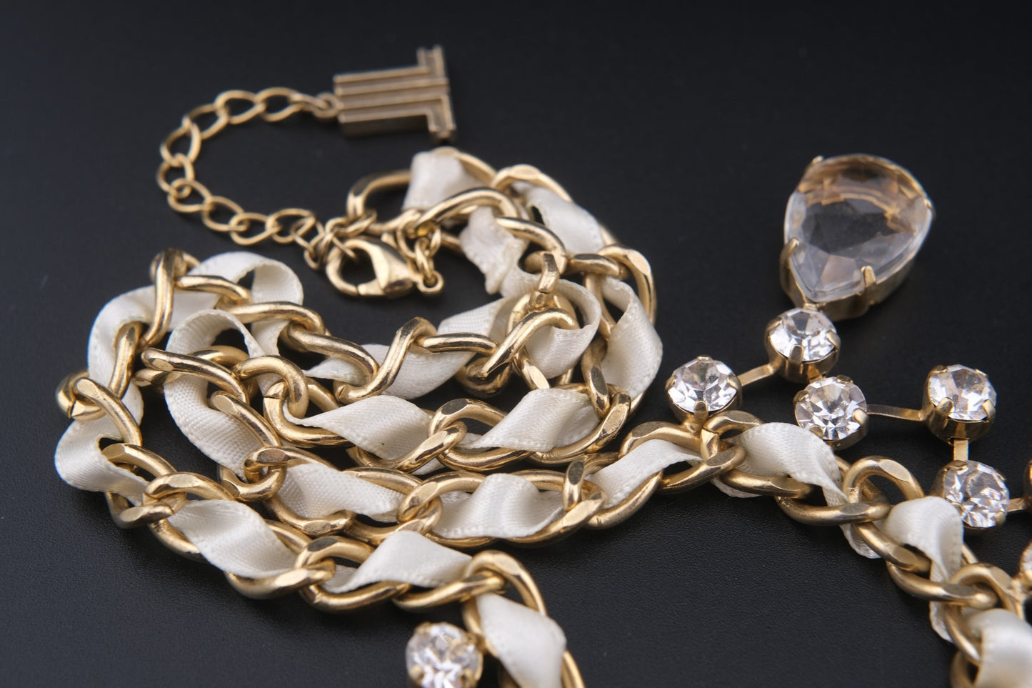 Vintage Lanvin Statement Necklace with Satin-Woven Chain and Crystal Drops