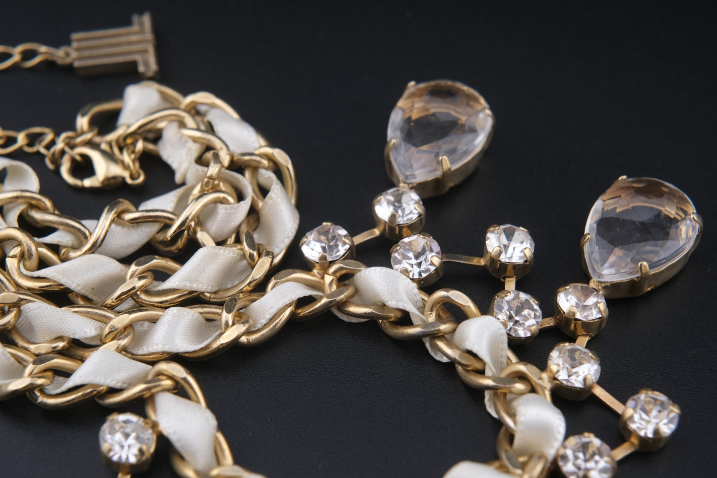 Vintage Lanvin Statement Necklace with Satin-Woven Chain and Crystal Drops