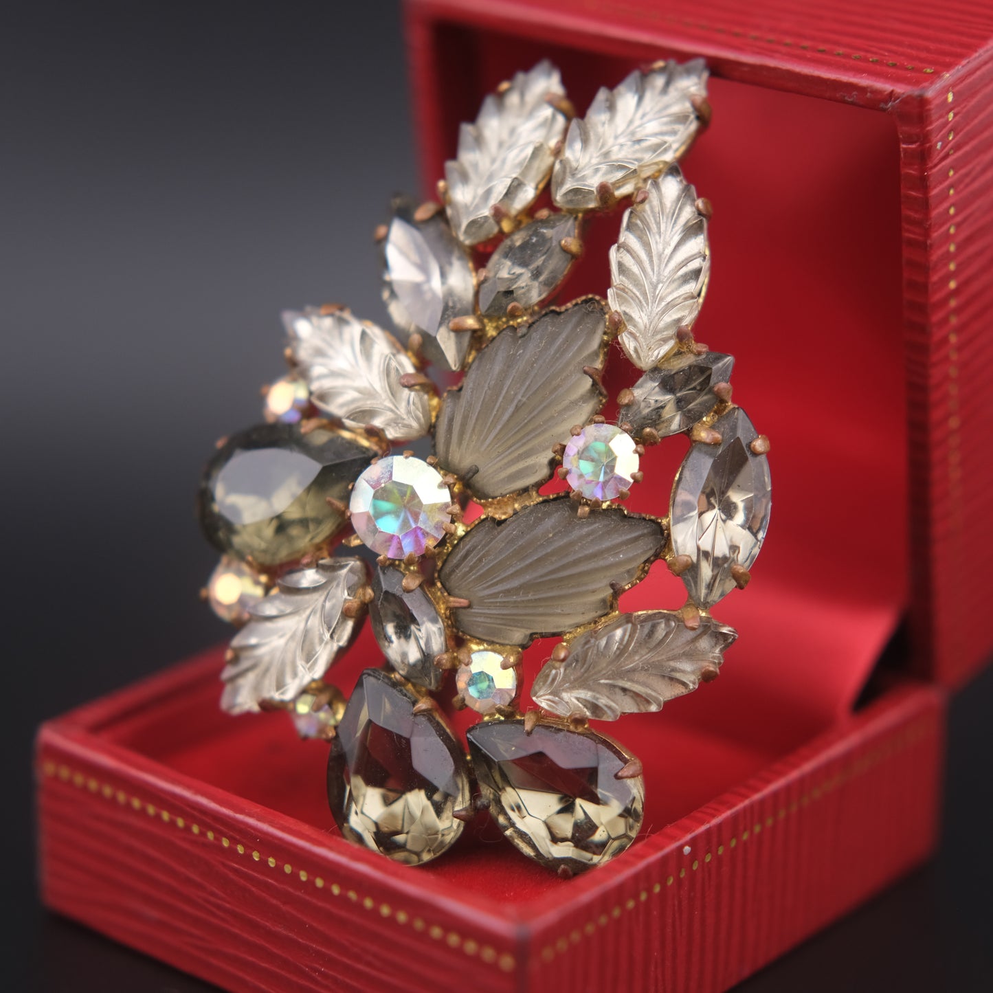 Vintage “Made in West Germany” Leaf & Rhinestone Brooch – Smoky Gray & Aurora Borealis Crystals