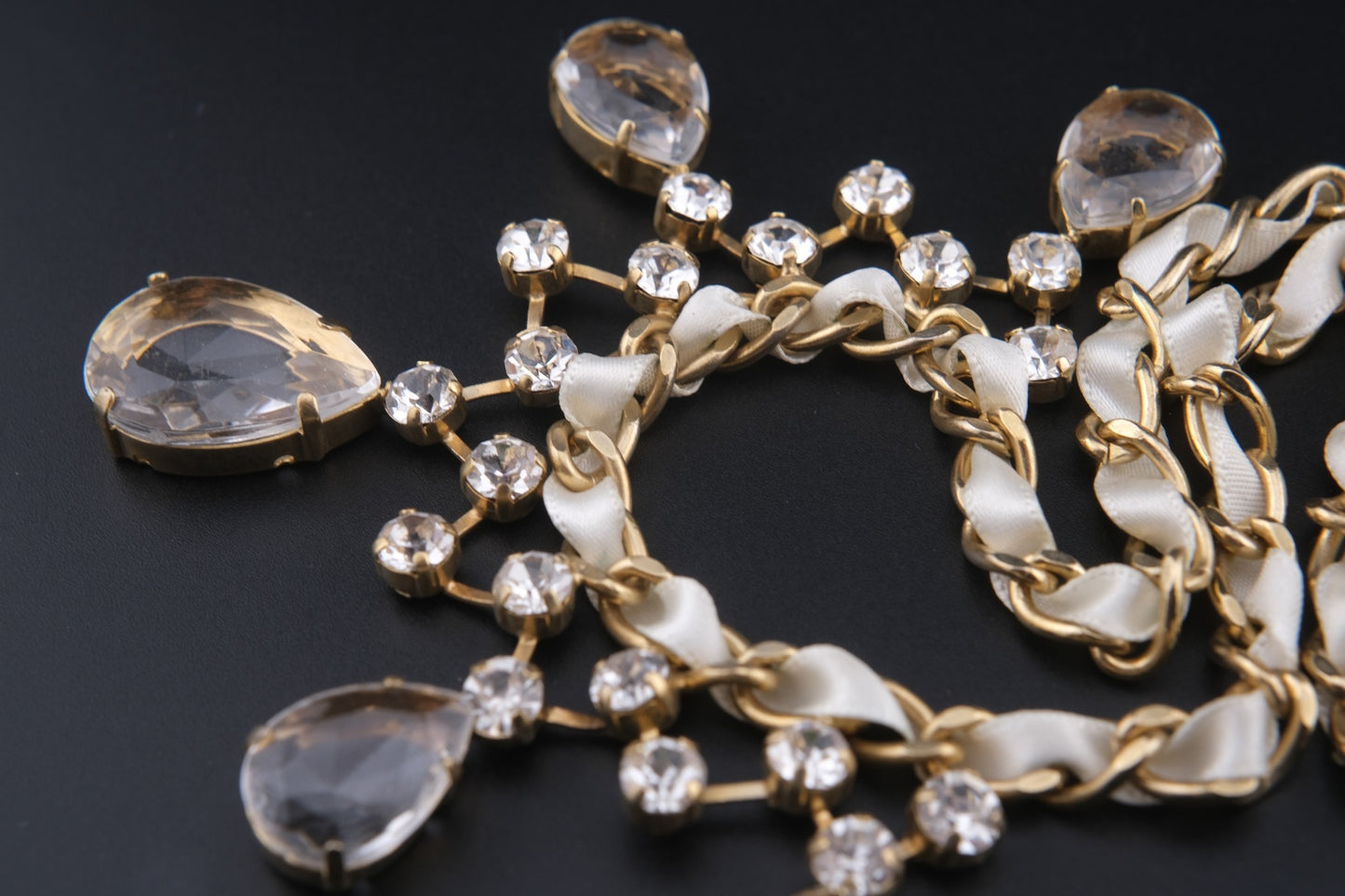 Vintage Lanvin Statement Necklace with Satin-Woven Chain and Crystal Drops
