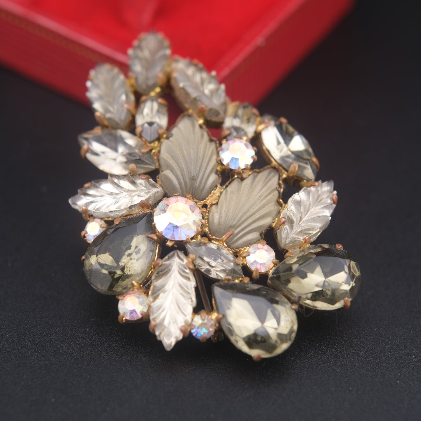 Vintage “Made in West Germany” Leaf & Rhinestone Brooch – Smoky Gray & Aurora Borealis Crystals