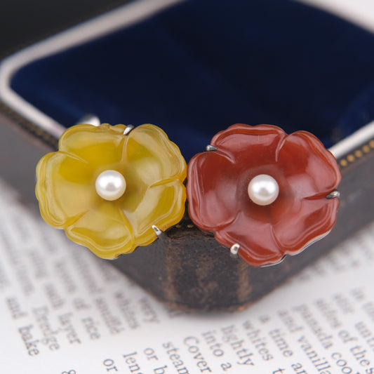 ❤️ Vintage 950 Silver Double Flower Brooch Resin Petals Pearl Center Floral Pin
