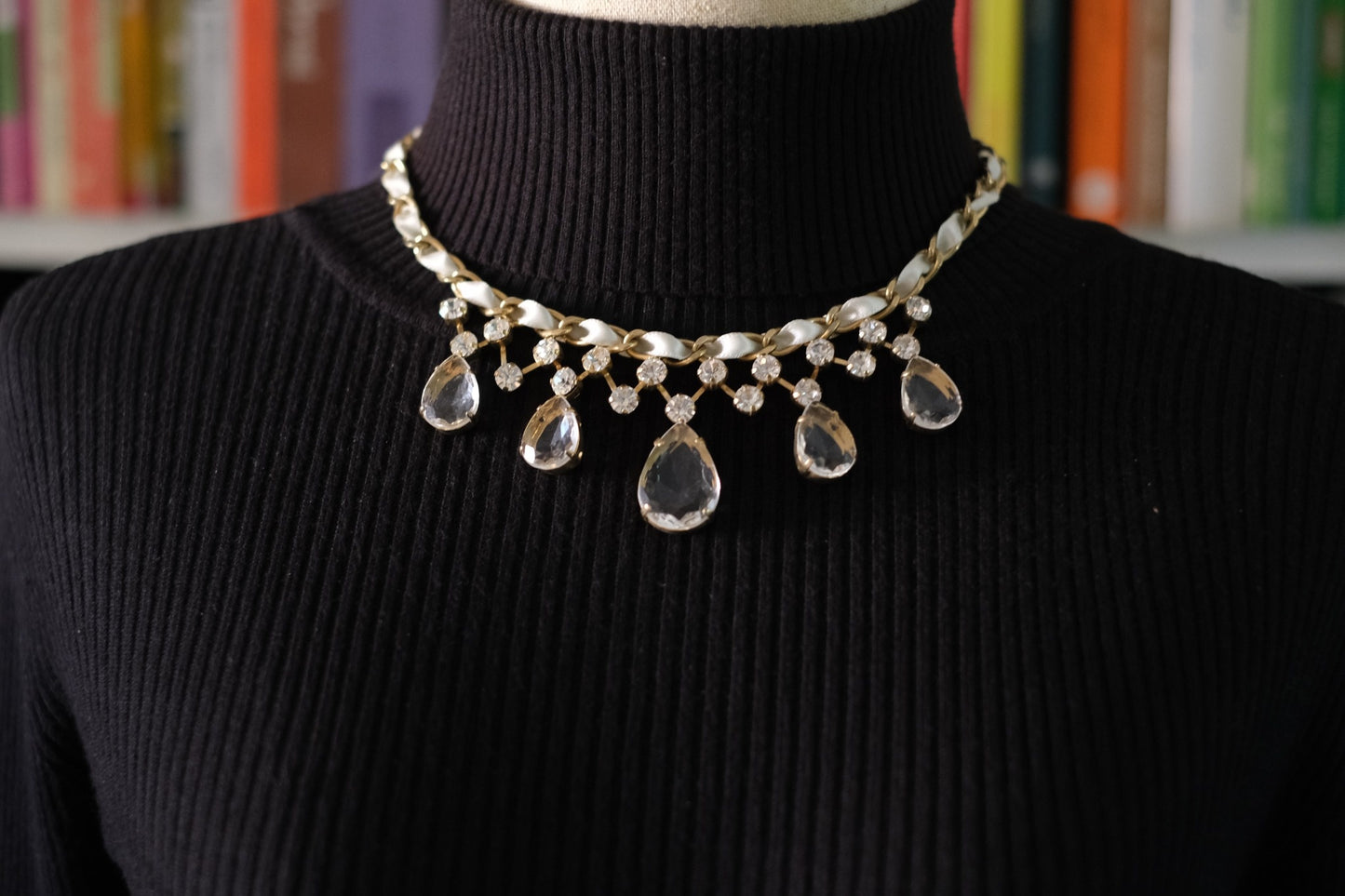 Vintage Lanvin Statement Necklace with Satin-Woven Chain and Crystal Drops