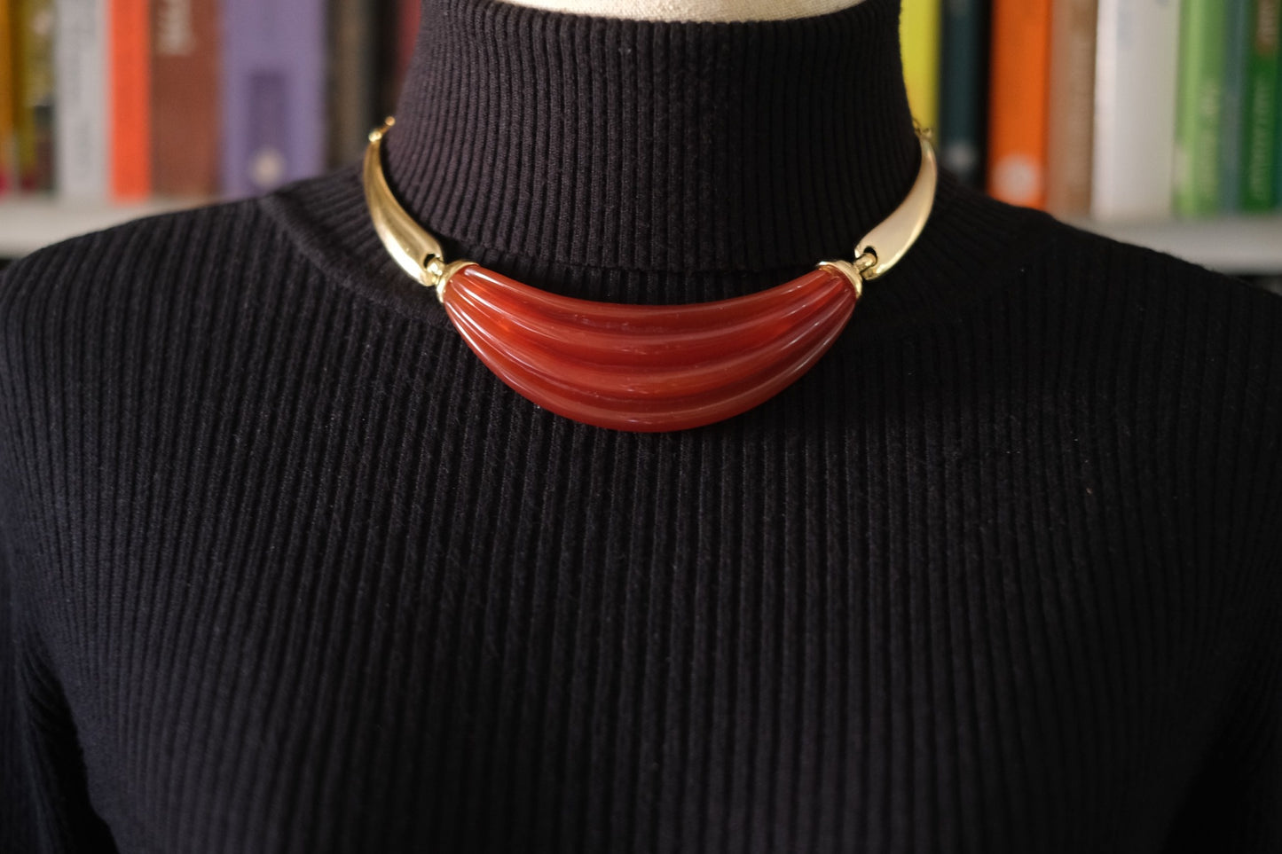 Vintage Lanvin Paris Red Resin & Gold-Tone Statement Necklace