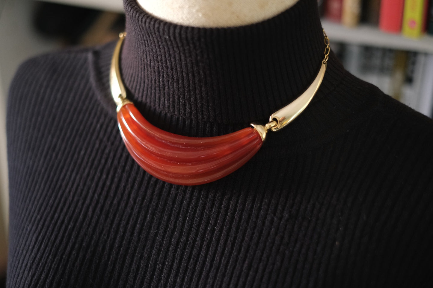 Vintage Lanvin Paris Red Resin & Gold-Tone Statement Necklace