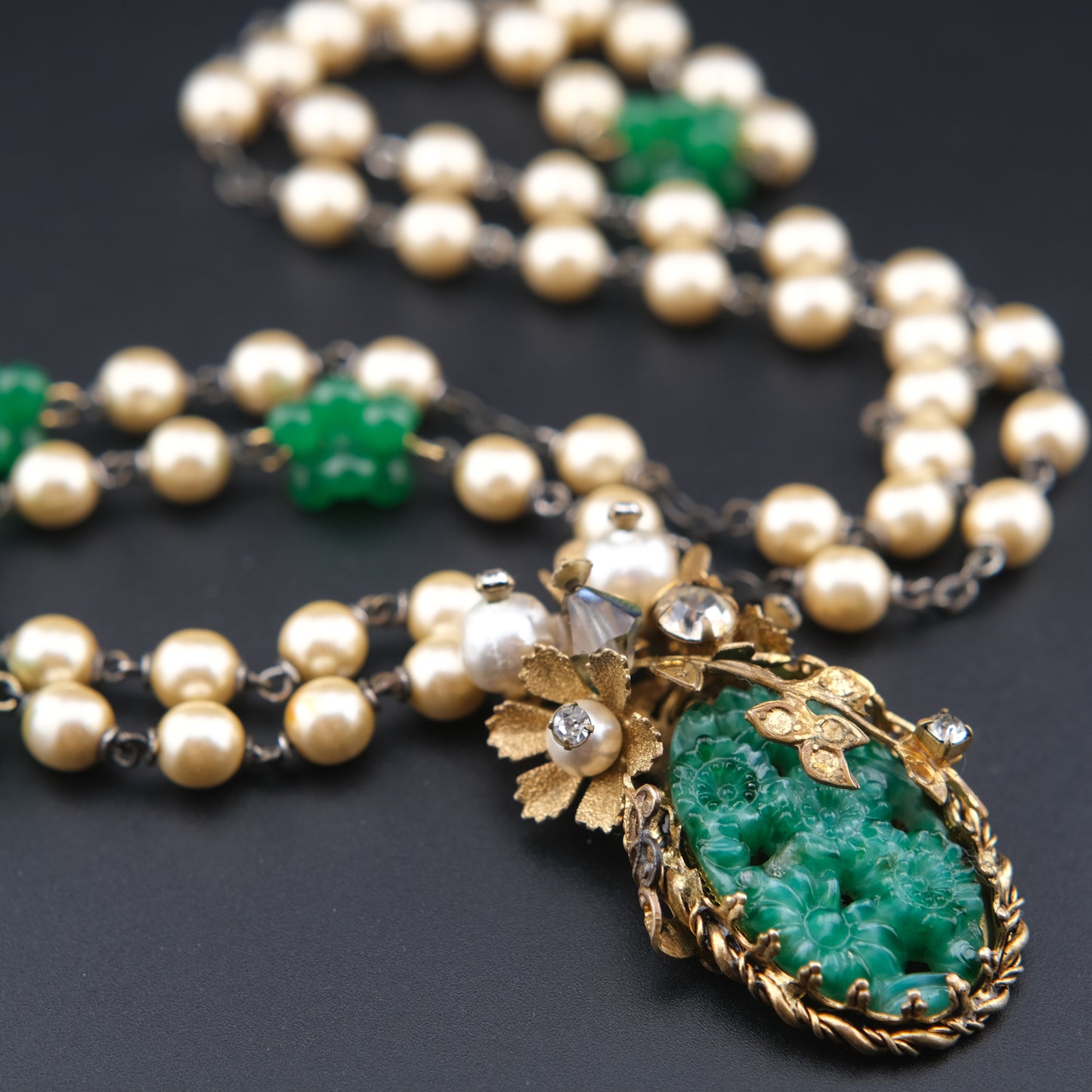 Vintage Possible Miriam Haskell Faux Pearl & Carved Green Glass Pendant Necklace