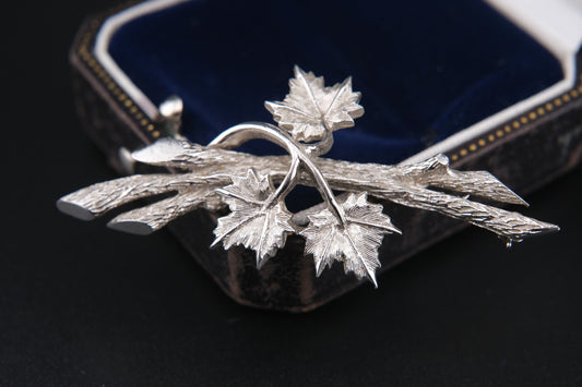 Marcel Boucher Maple Leaf Brooch – Silver-Tone Textured Leaves with Dimensional Branch Design