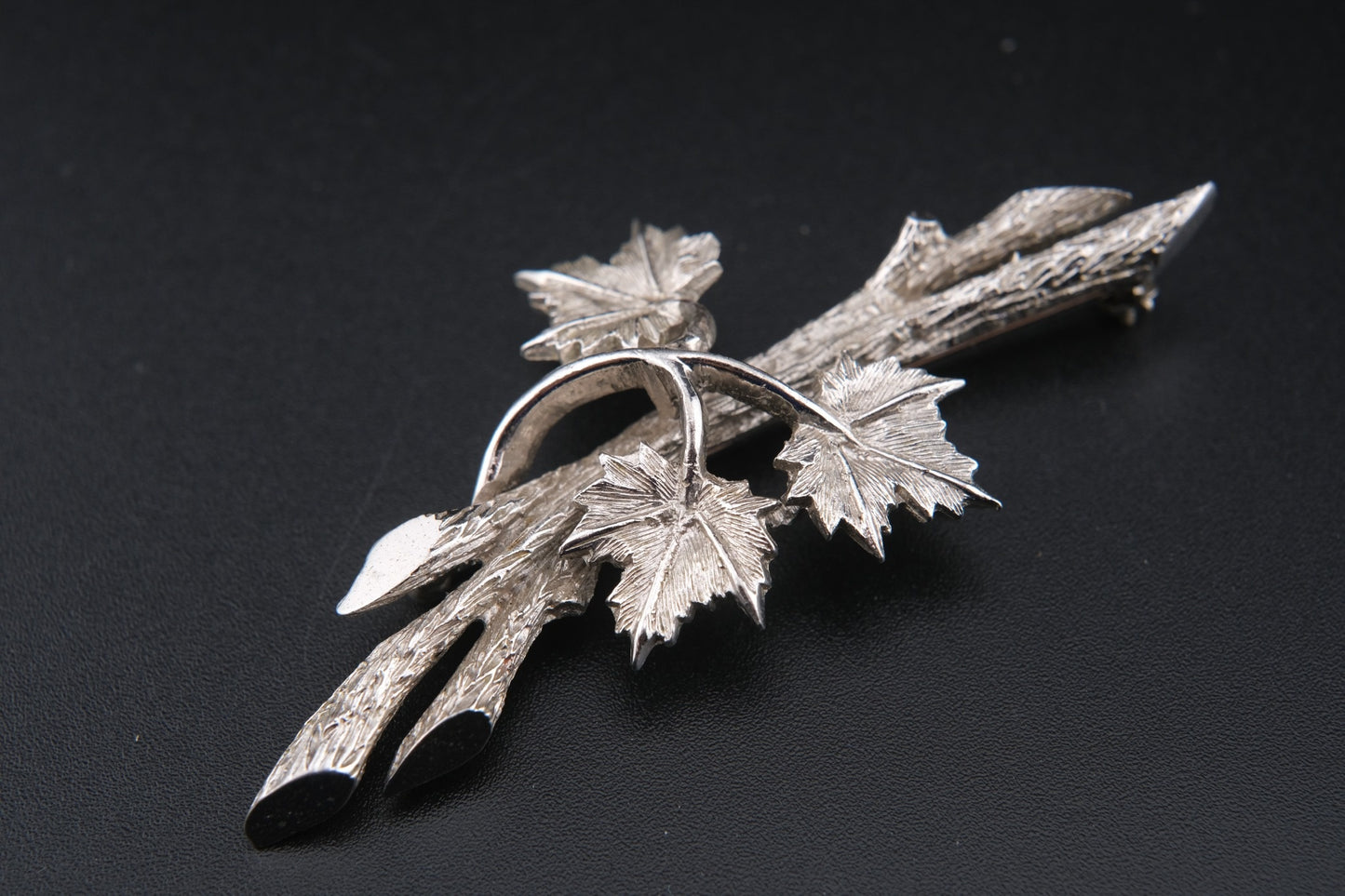 Marcel Boucher Maple Leaf Brooch – Silver-Tone Textured Leaves with Dimensional Branch Design