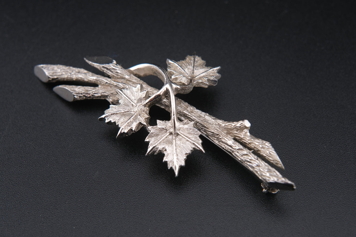 Marcel Boucher Maple Leaf Brooch – Silver-Tone Textured Leaves with Dimensional Branch Design