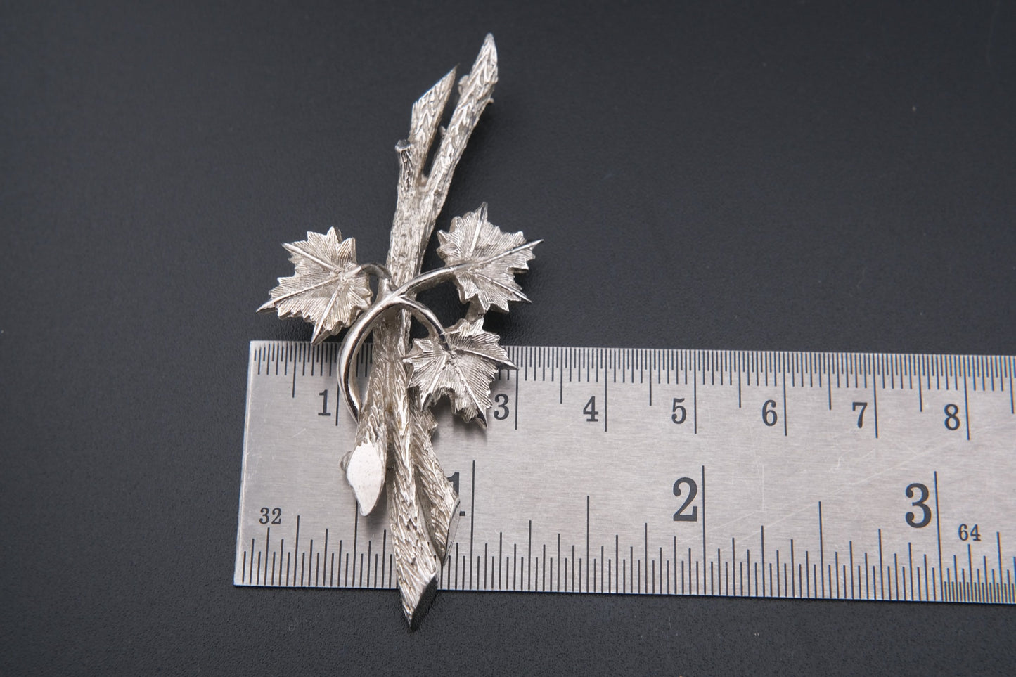 Marcel Boucher Maple Leaf Brooch – Silver-Tone Textured Leaves with Dimensional Branch Design