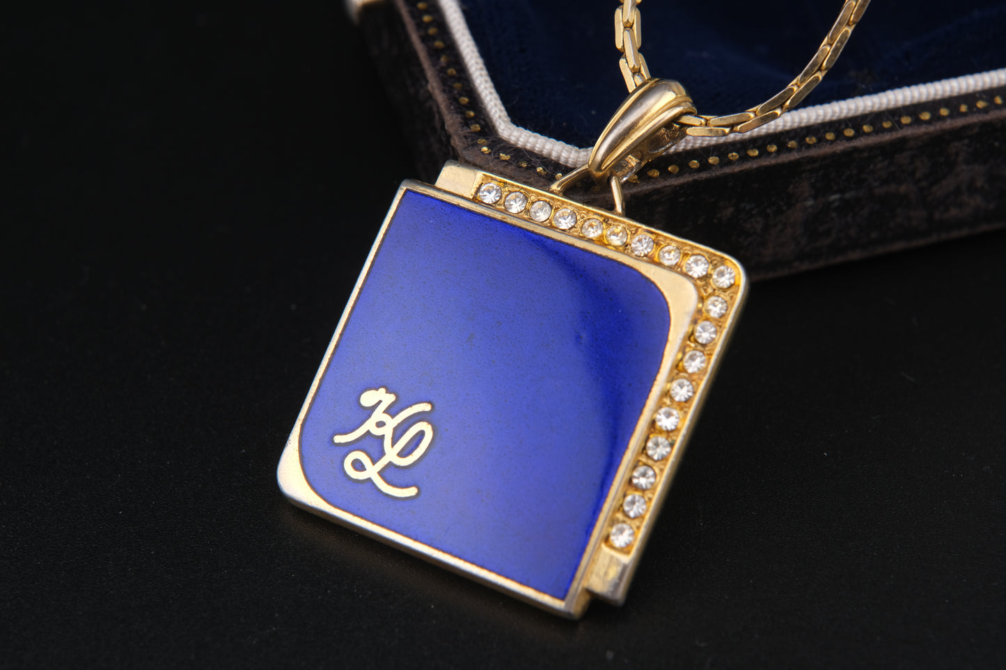 Vintage KL Enamel Pendant Necklace by Karl Lagerfeld – Royal Blue with Pavé Rhinestones