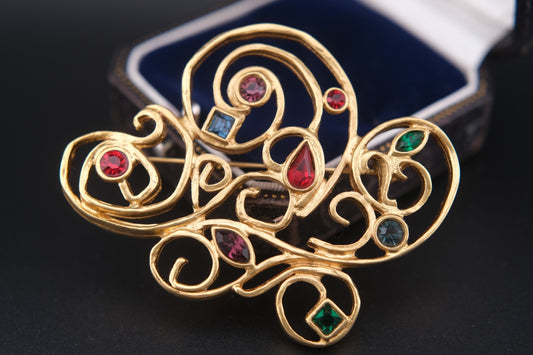 Vintage Jean-Louis Scherrer Brooch – Gold-Tone with Multicolor Gemstones