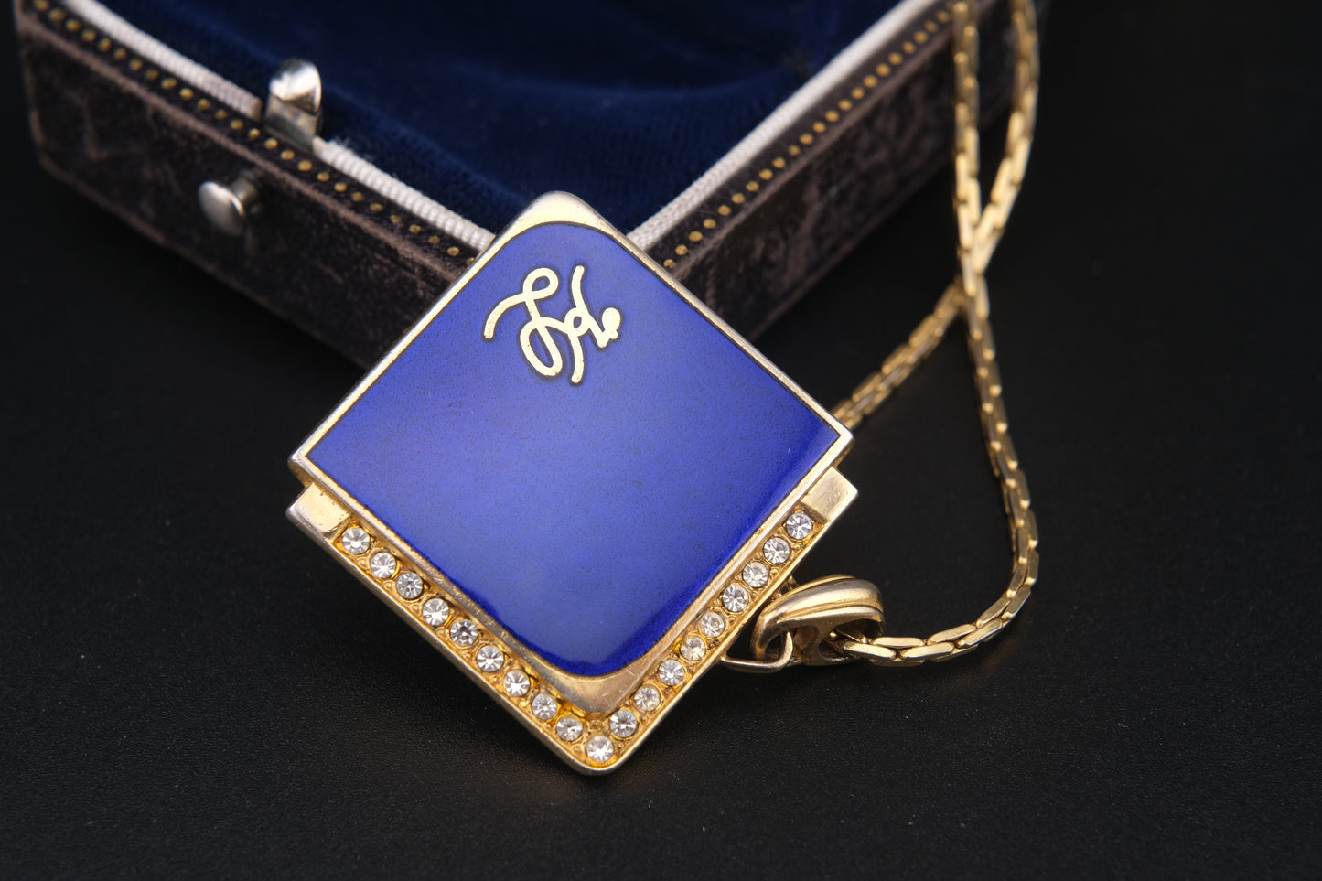 Vintage KL Enamel Pendant Necklace by Karl Lagerfeld – Royal Blue with Pavé Rhinestones