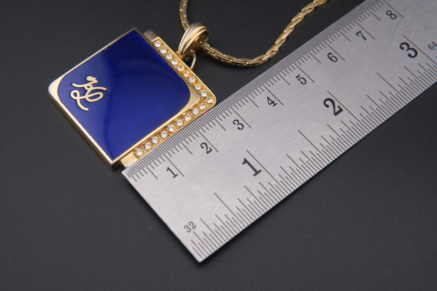Vintage KL Enamel Pendant Necklace by Karl Lagerfeld – Royal Blue with Pavé Rhinestones