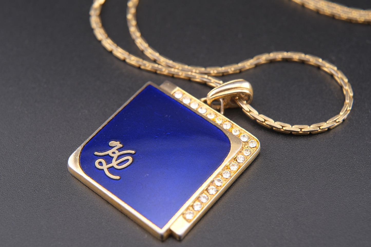 Vintage KL Enamel Pendant Necklace by Karl Lagerfeld – Royal Blue with Pavé Rhinestones