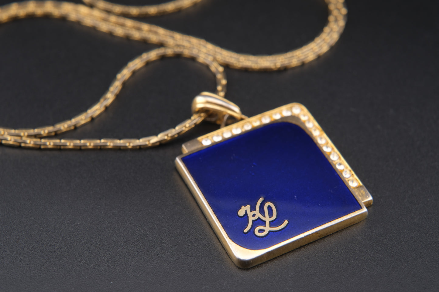 Vintage KL Enamel Pendant Necklace by Karl Lagerfeld – Royal Blue with Pavé Rhinestones