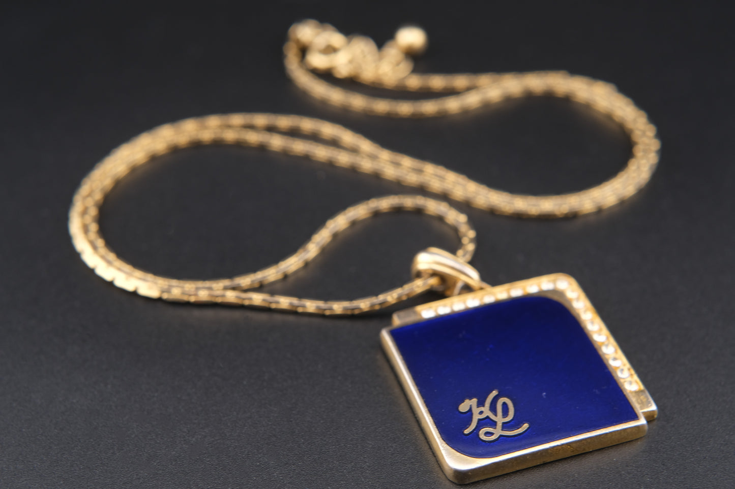 Vintage KL Enamel Pendant Necklace by Karl Lagerfeld – Royal Blue with Pavé Rhinestones