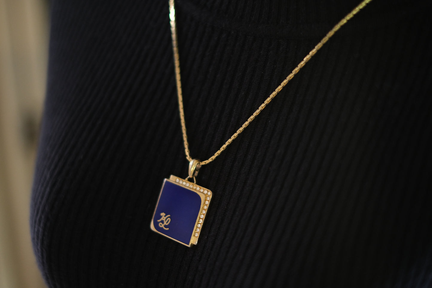 Vintage KL Enamel Pendant Necklace by Karl Lagerfeld – Royal Blue with Pavé Rhinestones