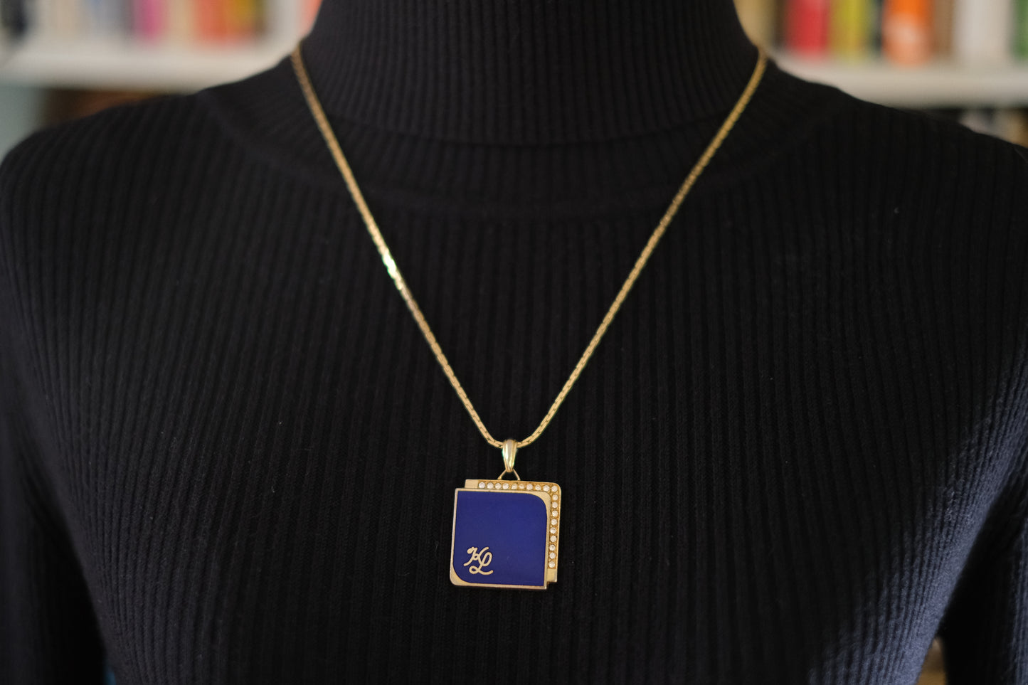 Vintage KL Enamel Pendant Necklace by Karl Lagerfeld – Royal Blue with Pavé Rhinestones