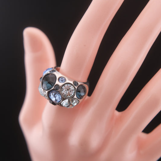 ❤️ Vintage Agatha Paris Crystal Dome Statement Ring Blue Tone Silver Finish Size 5
