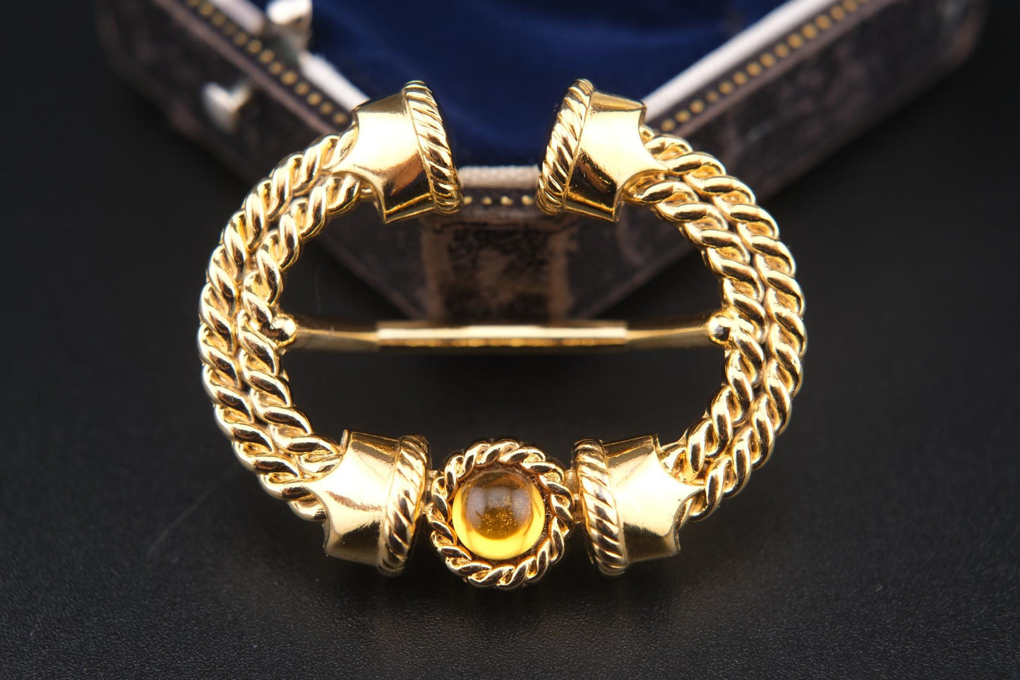 Vintage Malka Paris Gold-Tone Scarf Ring with Amber Cabochon