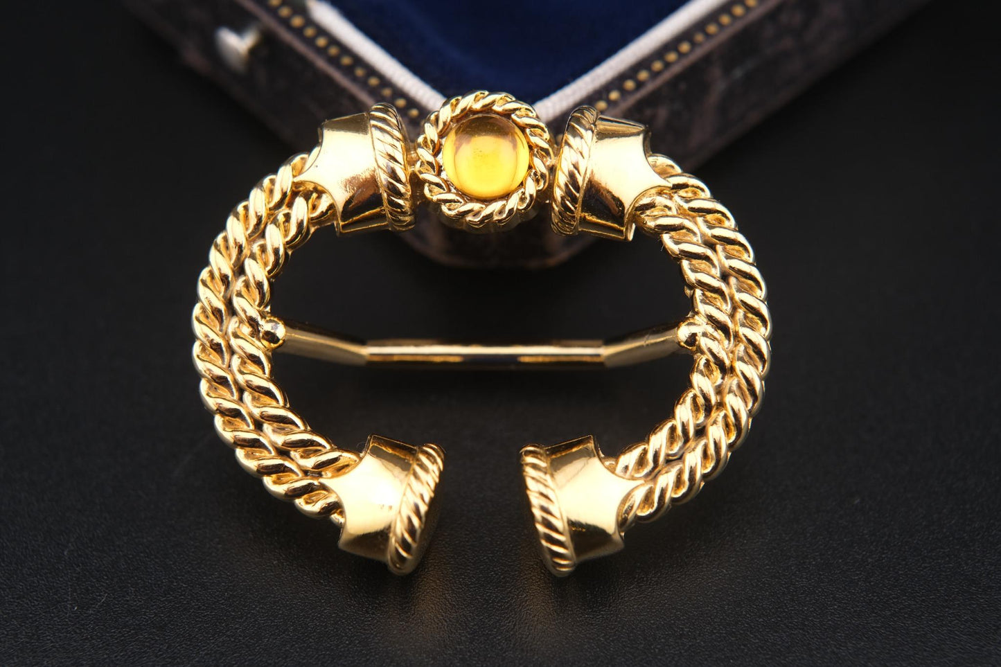 Vintage Malka Paris Gold-Tone Scarf Ring with Amber Cabochon