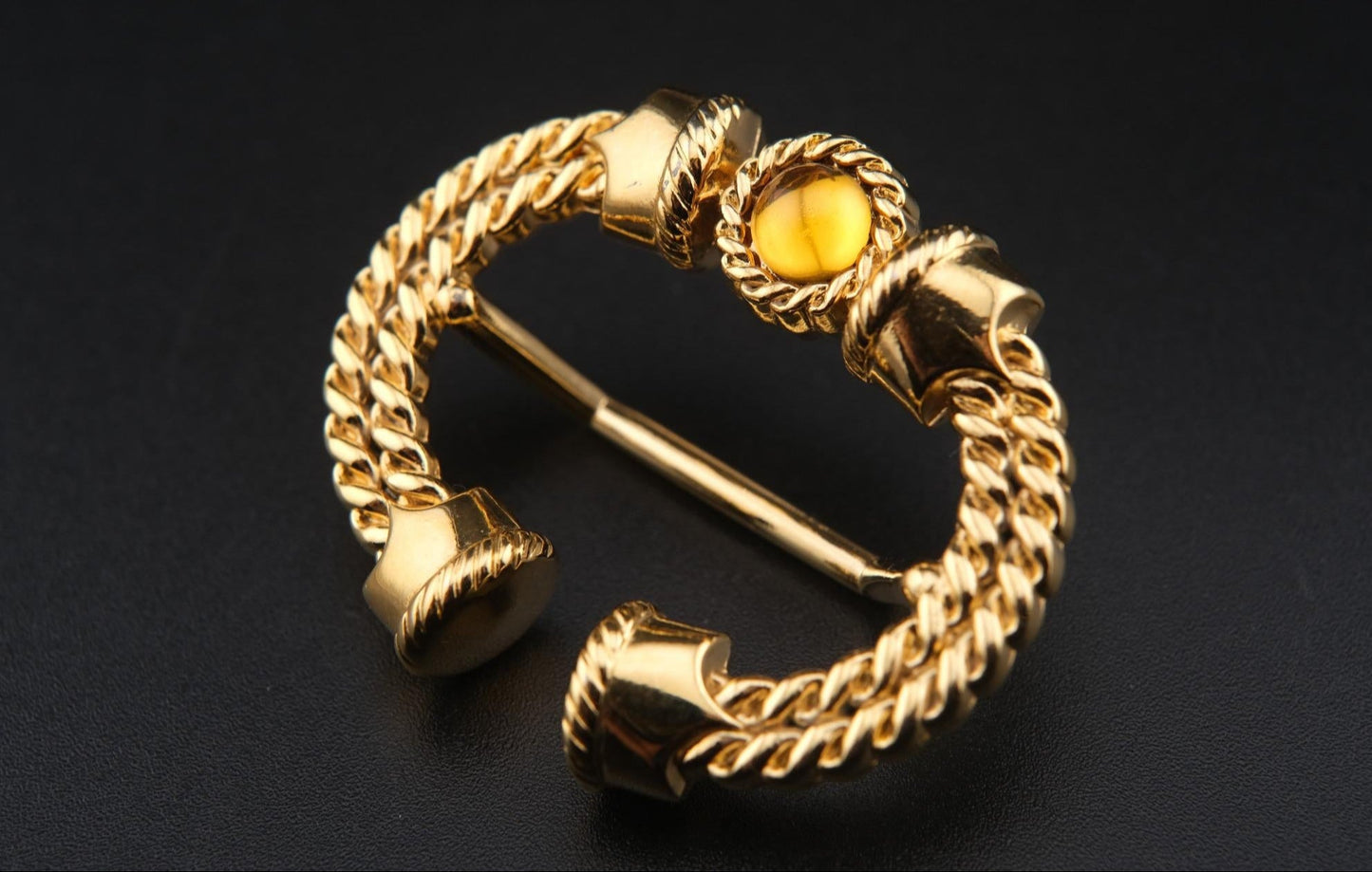 Vintage Malka Paris Gold-Tone Scarf Ring with Amber Cabochon