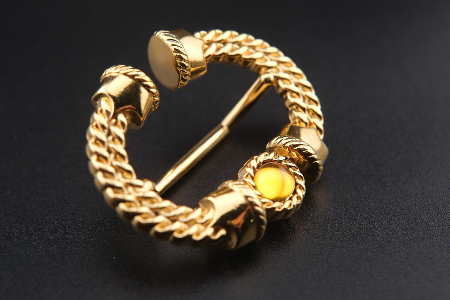 Vintage Malka Paris Gold-Tone Scarf Ring with Amber Cabochon