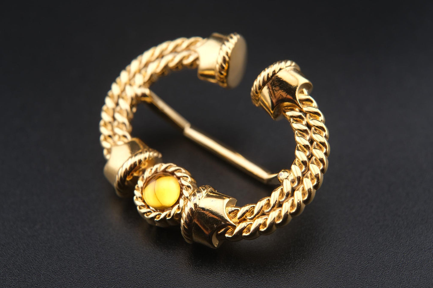 Vintage Malka Paris Gold-Tone Scarf Ring with Amber Cabochon