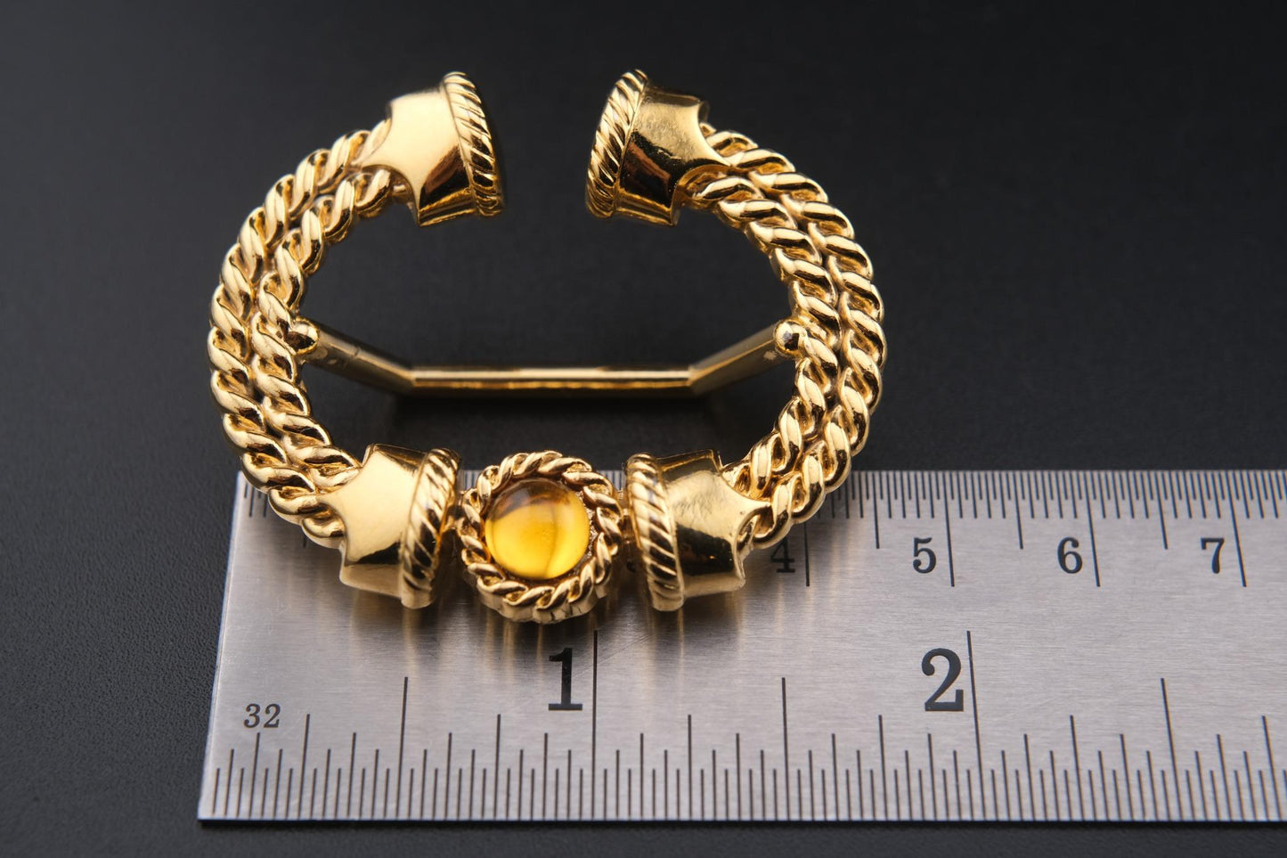 Vintage Malka Paris Gold-Tone Scarf Ring with Amber Cabochon