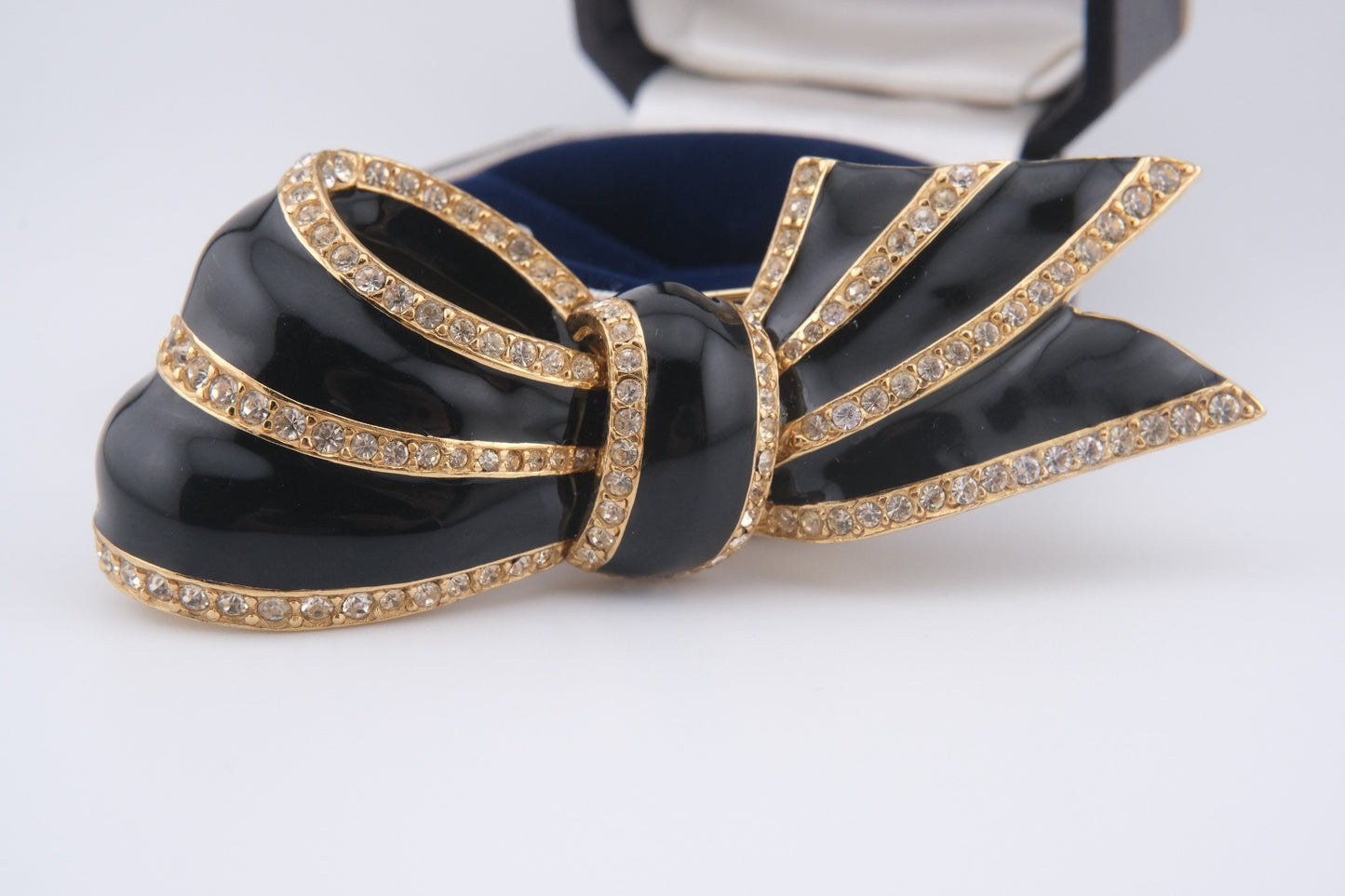 Vintage CINER Black Enamel & Rhinestone Bow Brooch