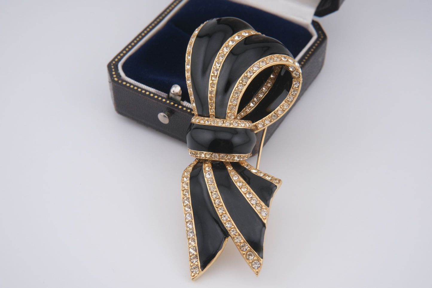 Vintage CINER Black Enamel & Rhinestone Bow Brooch