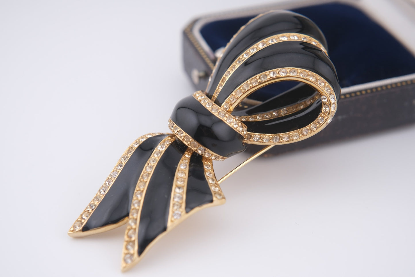 Vintage CINER Black Enamel & Rhinestone Bow Brooch