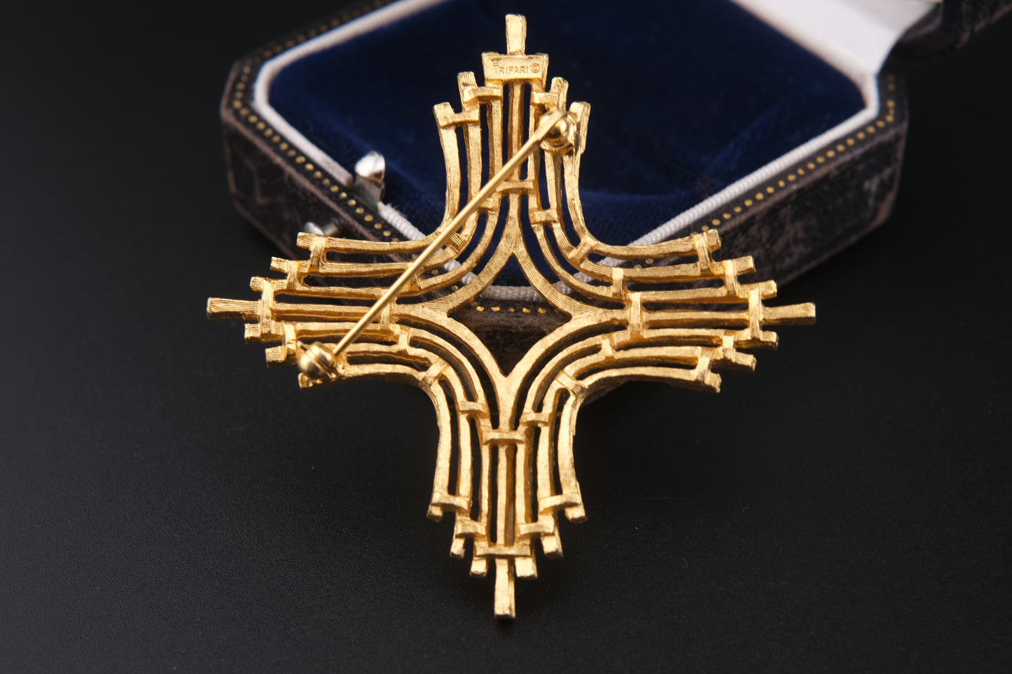 Crown Trifari Maltese Cross Brooch – Gold-Tone Modernist Design