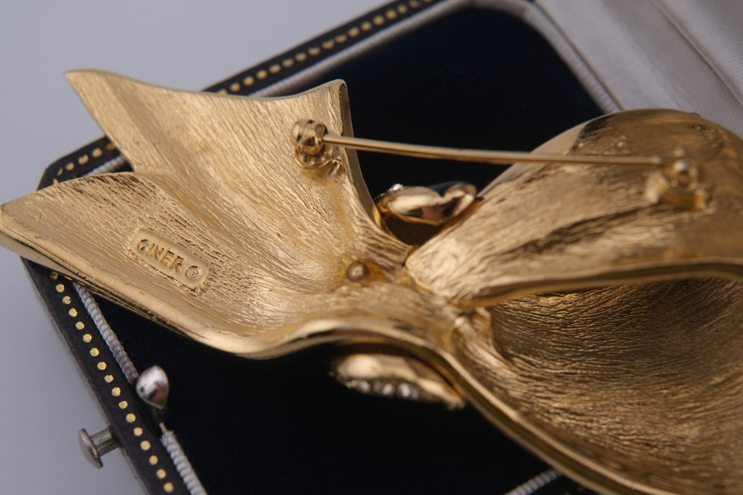 Vintage CINER Black Enamel & Rhinestone Bow Brooch