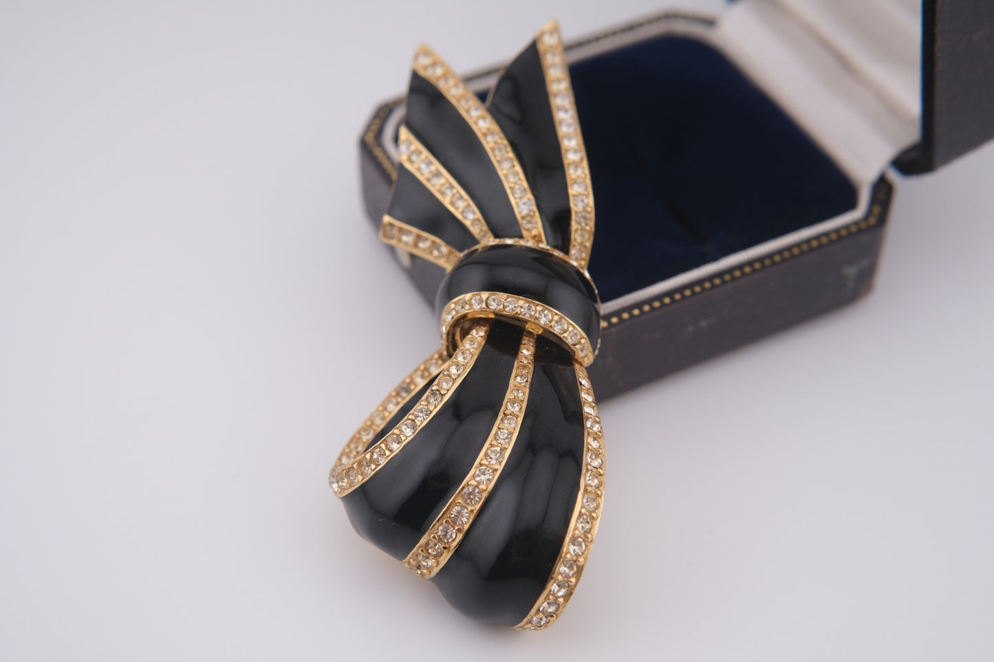 Vintage CINER Black Enamel & Rhinestone Bow Brooch