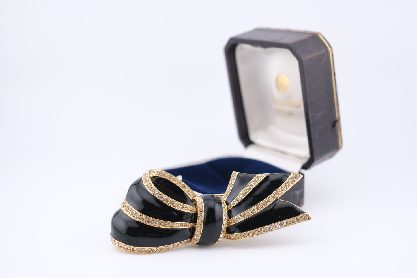 Vintage CINER Black Enamel & Rhinestone Bow Brooch