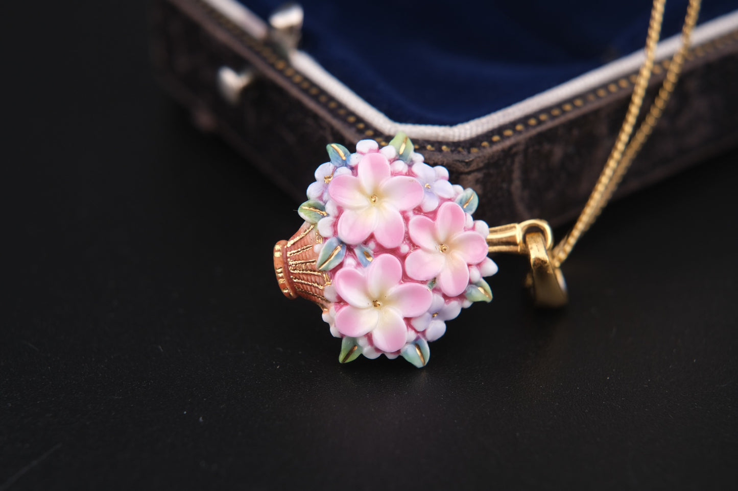 Toshikane Floral Basket Pendant Necklace – Hand-Painted Porcelain Enamel with Gold-Tone Chain