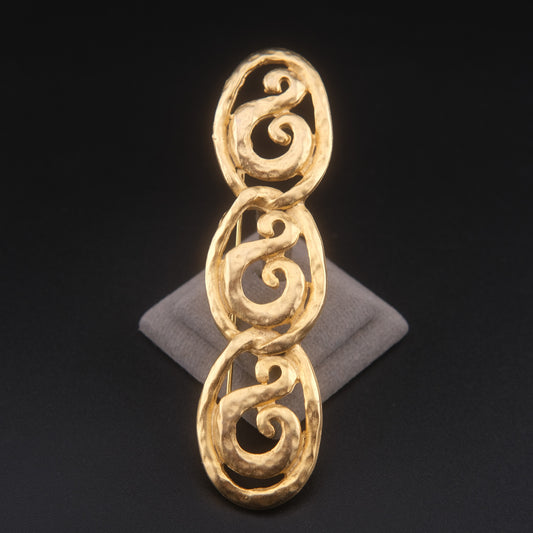 ❤️ Vintage Gold-Tone Scroll Link Bar Brooch – Textured Openwork Triple Oval Design