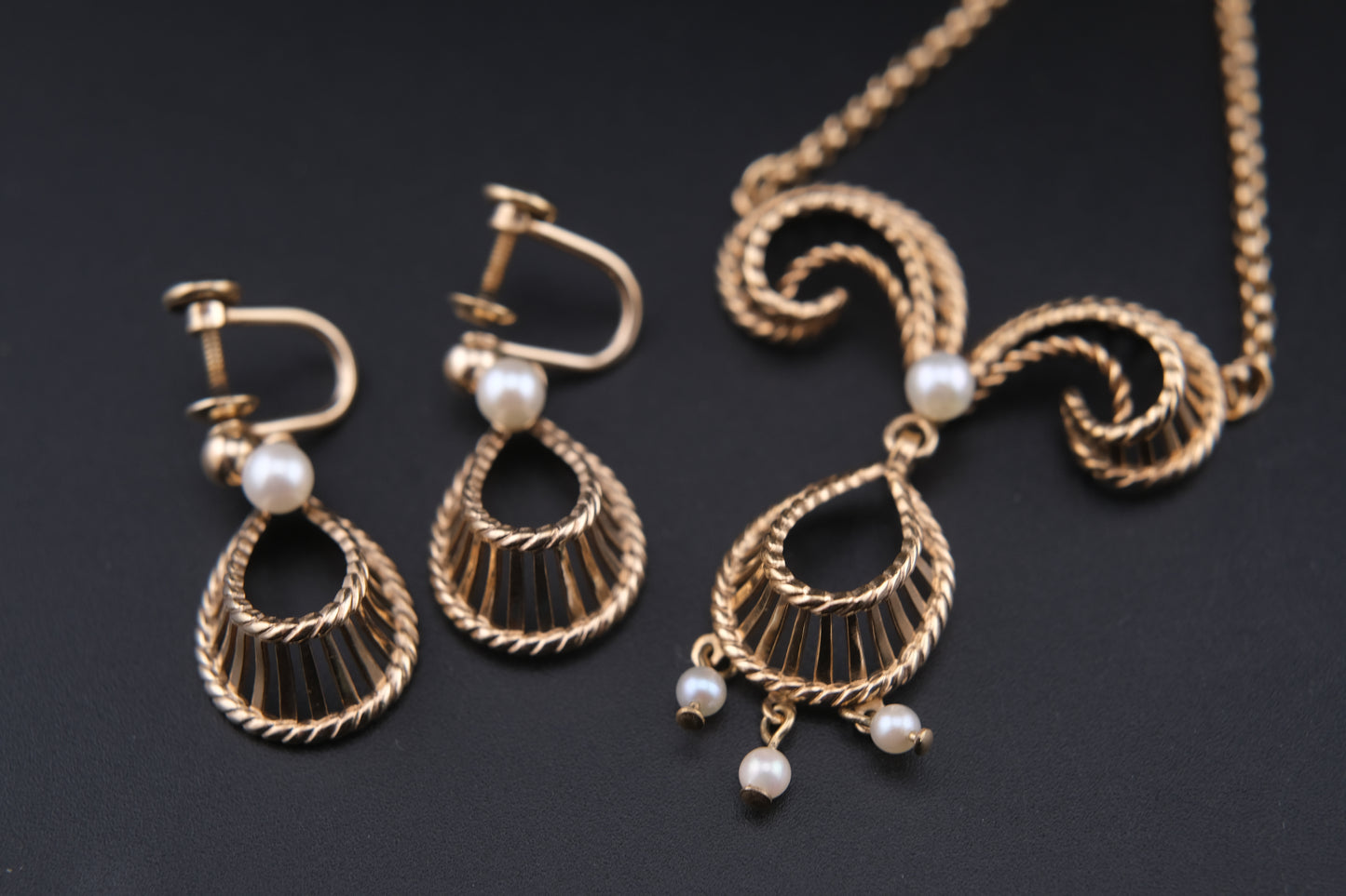 Vintage Vandell 12K Gold-Filled Necklace & Earrings Set with Faux Pearls