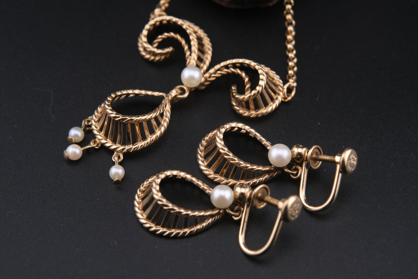 Vintage Vandell 12K Gold-Filled Necklace & Earrings Set with Faux Pearls