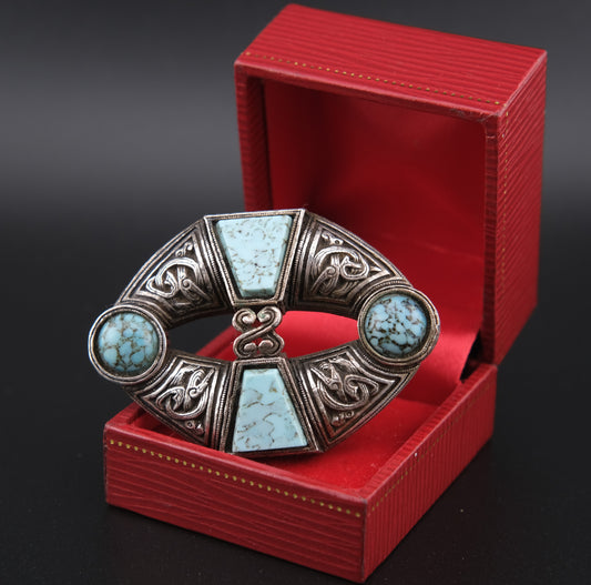 Vintage Miracle Celtic Brooch Faux Turquoise Lozenge Shape 1960s Signed