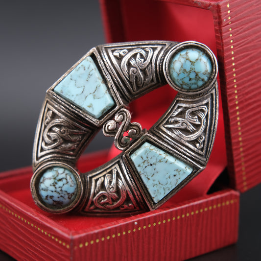 Vintage Miracle Celtic Brooch Faux Turquoise Lozenge Shape 1960s Signed