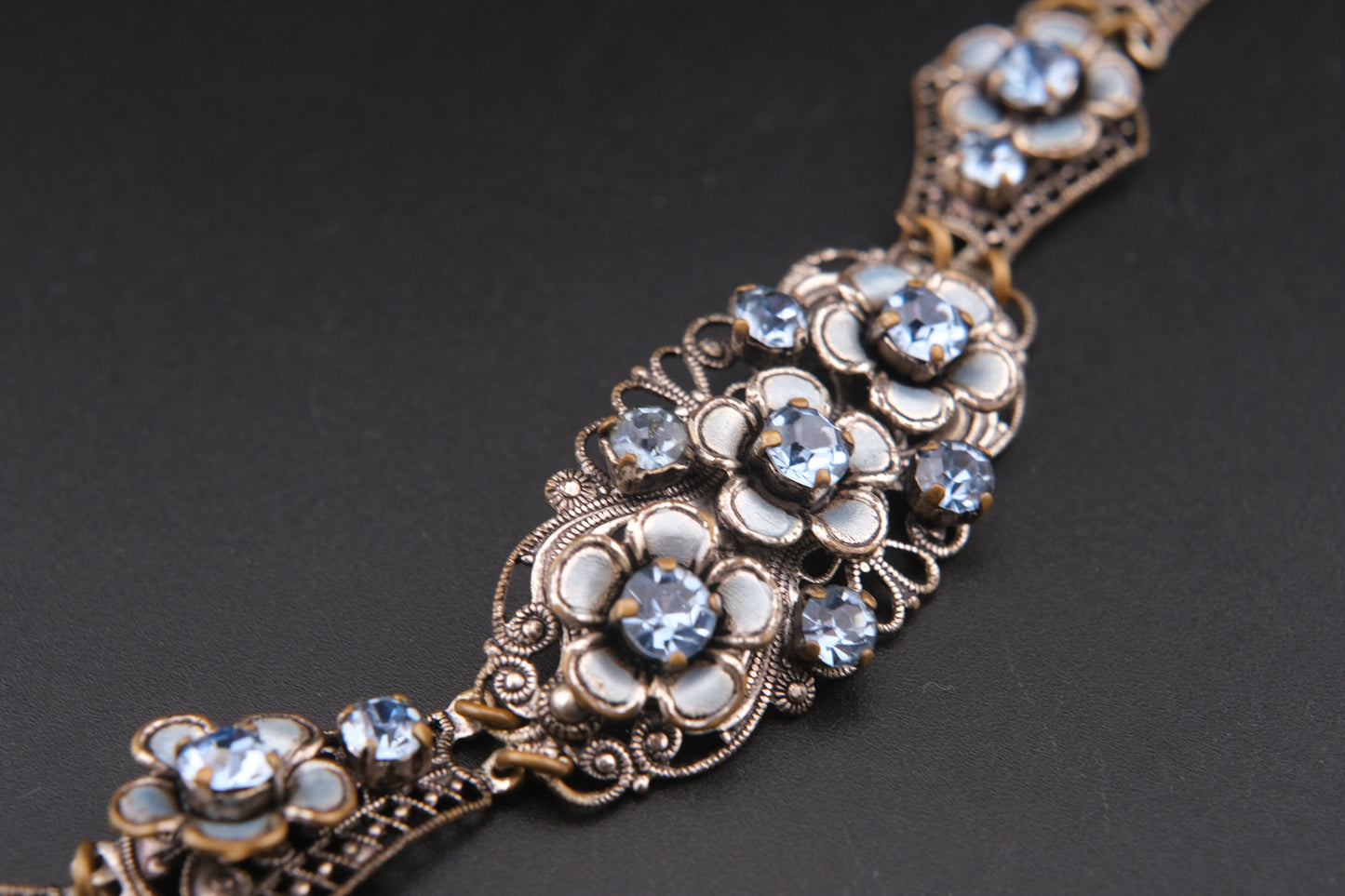 Vintage German Floral Bracelet & Earrings Set – Blue Rhinestones & Enamel on Silver-Tone Filigree Metal (1950s)