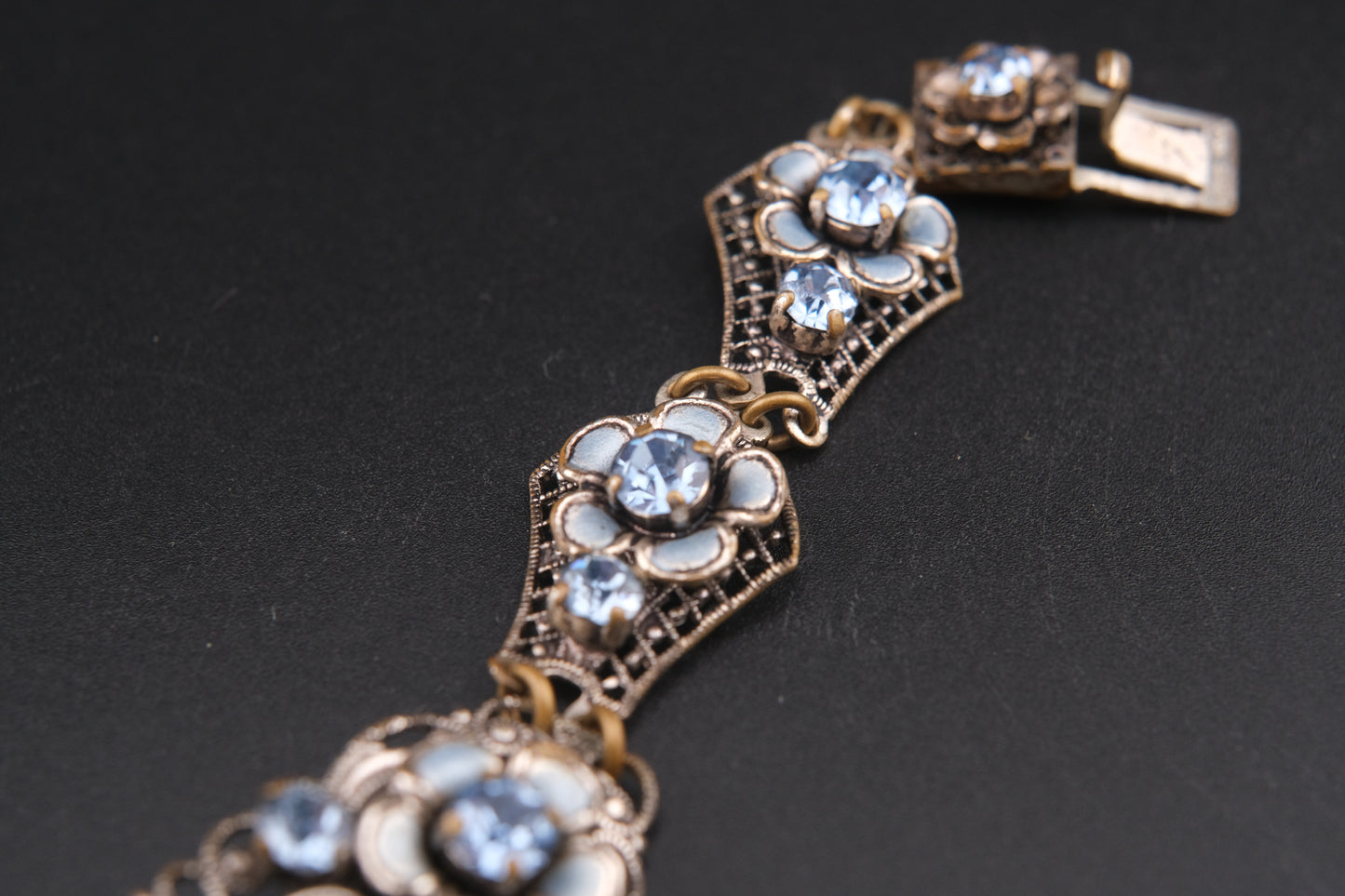 Vintage German Floral Bracelet & Earrings Set – Blue Rhinestones & Enamel on Silver-Tone Filigree Metal (1950s)